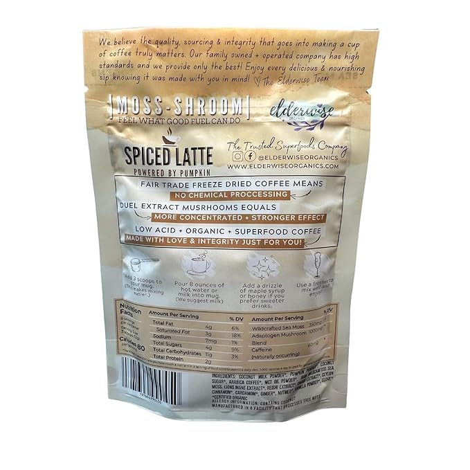 Elderwise Coffee Spiced Latte | Powered by Pumpkin & Mushrooms | Sea Moss, Chaga, Lion's Mane, Reishi | 8 Servings - Freeze Dried Instant - Chemical free - Fair Trade