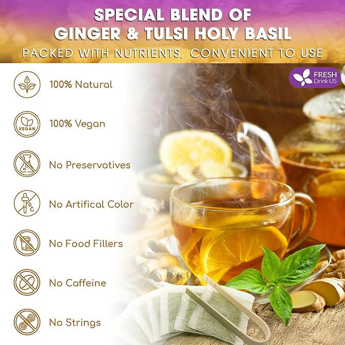 FreshDrinkUS, Premium 135 Ginger Tulsi Tea Bags, 100% Natural, Hand-made Blend of Ginger and Tulsi Holy Basil Leaves, Eco-conscious Tea Bags. Herbal Tea. No Sugar, No Caffeine, Vegan.