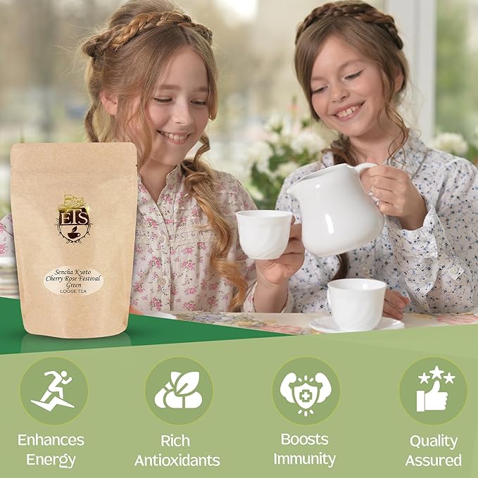 Sencha Kyoto Cherry Rose Festival Green Tea | Loose Leaf Japanese Style Green Tea with Sweet Cherry and Rose Flavor | 16oz Pouch | Great Hot or Iced | Steamed Sencha Tea | English Tea Store