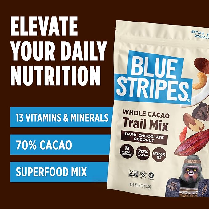 Blue Stripes - Trail Mix, Dark Chocolate Coconut, Mixed Nuts, Healthy Snacks for Adults, Cashews, Whole 70% Cacao, With Unrefined Sugar, Non GMO, Gluten Free, Vegan - 4 Pack, 8 oz
