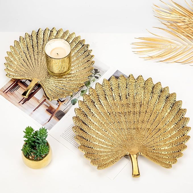 Gold Leaf Decorative Serving Tray for Table Centerpiece 10"+12" Ceramic Leaf-Shaped Trinket Dish, Candle Tray, Vanity Organizer, Coffee Table Decor, Modern Glam Home Decor, Gifts for Women