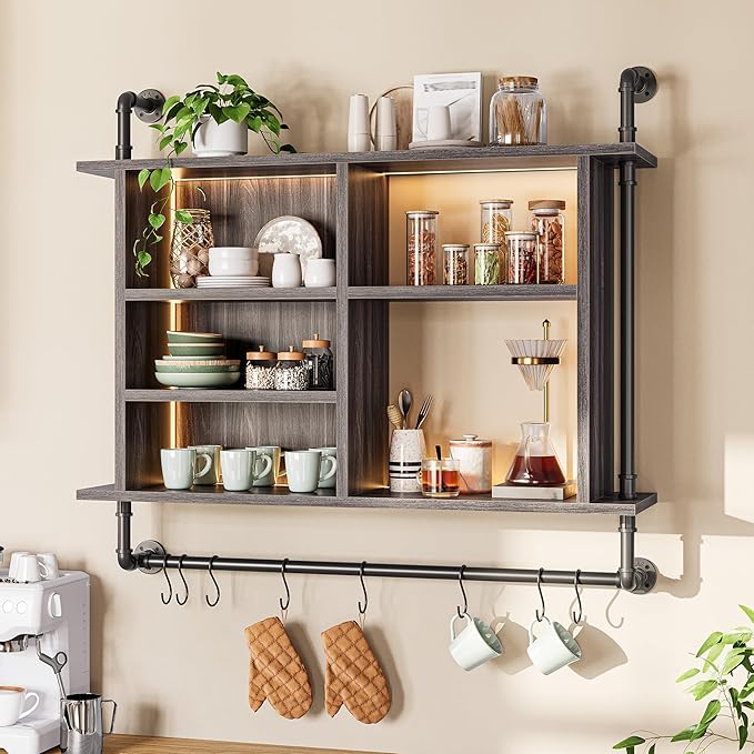 REIBII 4-Tier Industrial Pipe Shelving, 37.4" Kitchen Shelf with LED Light, Floating Shelves with 8 S-Hooks for Kitchen, Living Room, Home Office Bar, Dark Grey