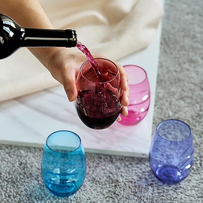 Unbreakable European Plastic Crystal, Stemless Wine Glasses | Set of 4, 13.5 OZ | Acrylic Tritan Set with 3-Finger Indentations - Pastel Colored Tumbler Set, BPA Free, Reusable, Naturally Aerates Wine
