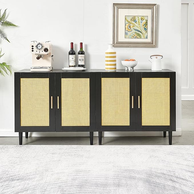 27.9 Inch Accent Sideboard Buffet Cabinet with Storage, Rattan Cabinet with Doors and Shelves, Black Farmhouse Coffee Bar Kitchen Storage Cabinets for Entryway Living Room