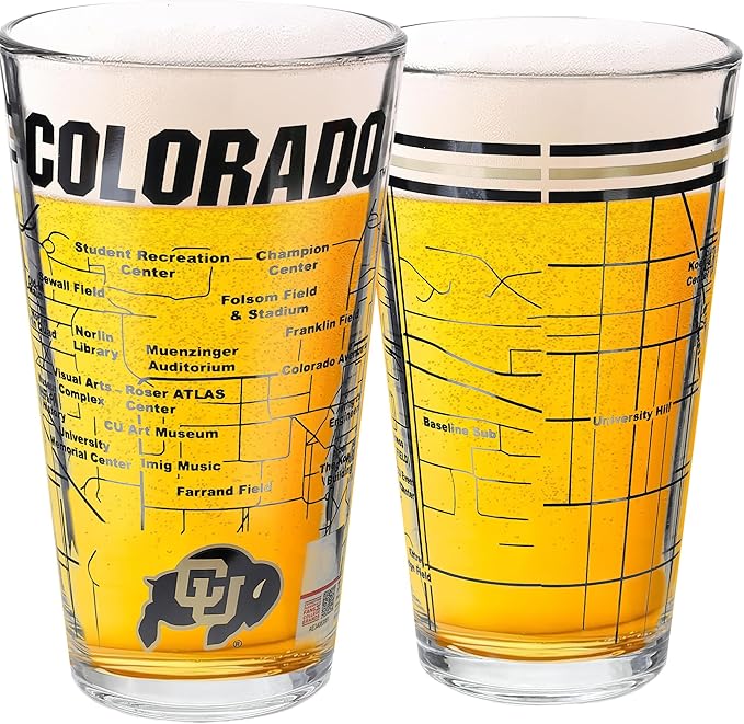 Greenline Goods – University of Colorado Buffaloes College Pint Beer Glasses (Set of 2), 16 oz – Full-Color Logo + Campus Map