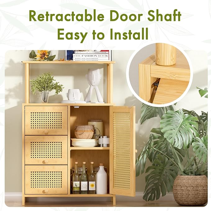 Amazer Sideboard Buffet Cabinet with Storage, Bamboo Storage Cabinets, Rattan Sideboard with Adjustable Shelf, Pantry Cupboard for Kitchen Living Room Entry Coffee Bar, Natural Color