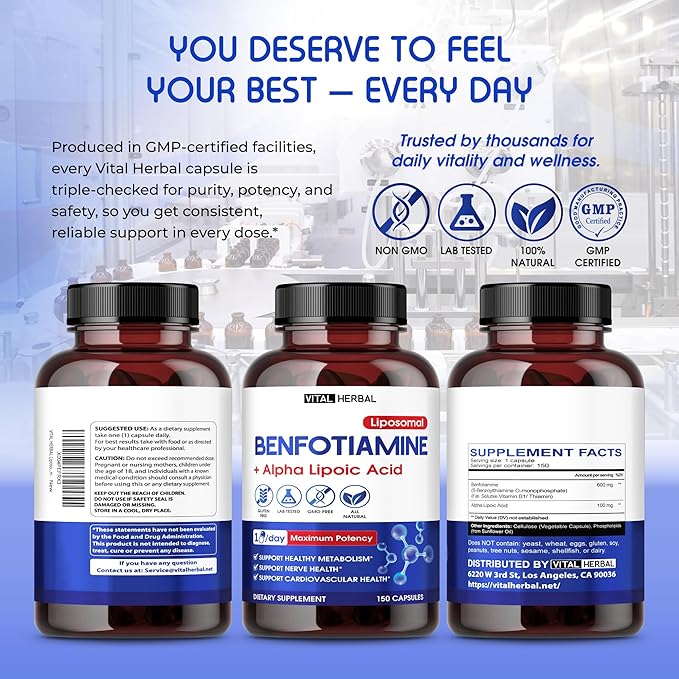 Vital Herbal Liposomal Benfotiamine with Alpha Lipoic Acid - Maximum Potency- Support Healthy Metabolism