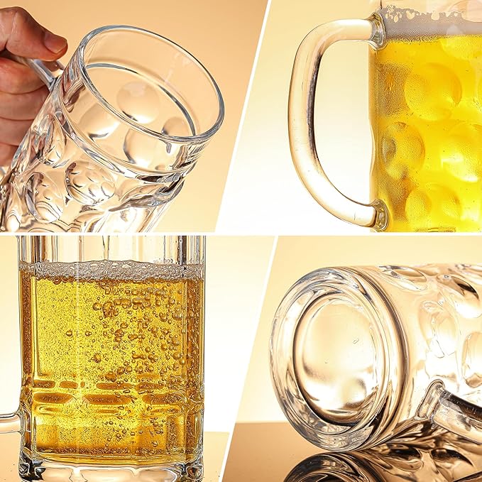 Freezer Beer Mugs, 20 oz Large Heavy Glass Mugs with Handles Set of 2, Clear Large Beer Steins for Tea, Coffee, Lead-Free Glasses Oktoberfest Style, Best Gifts for Dad Husband or Friend