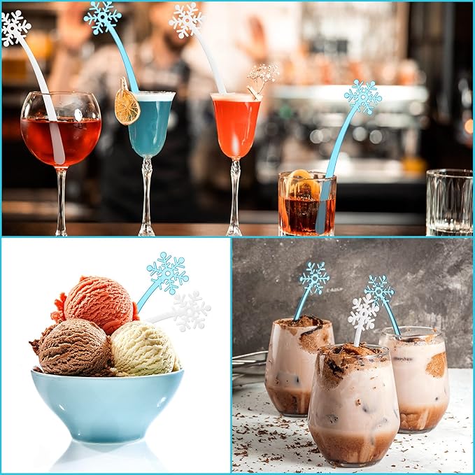 100 Pieces Plastic Snowflake Swizzle Sticks Crystal Cocktails Drink Coffee Stirrers Colorful Stir Sticks for Bar Wedding Birthday Christmas Winter Party Supplies