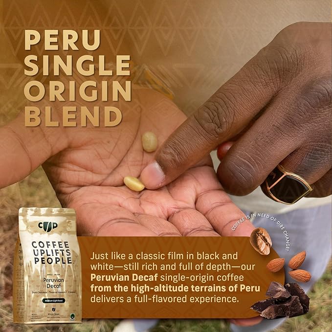 Coffee Uplifts People Peruvian Decaf Coffee - Decaf Whole Bean Coffee Medium Dark Roast - Single Origin, Specialty Grade Coffee Beans, 100% Arabica Coffee, Fair Trade - Chocolate & Almond Notes -12oz