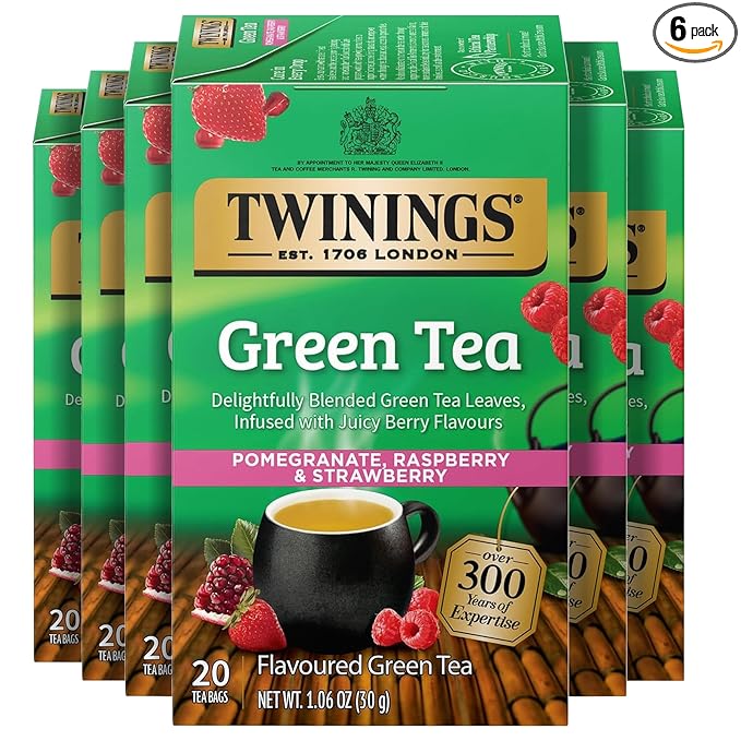 Twinings Green Tea with Pomegranate, Raspberry, & Strawberry Individually Wrapped Bags, 20 Count (Pack of 6), Caffeinated, Enjoy Hot or Iced, 120 Teabags