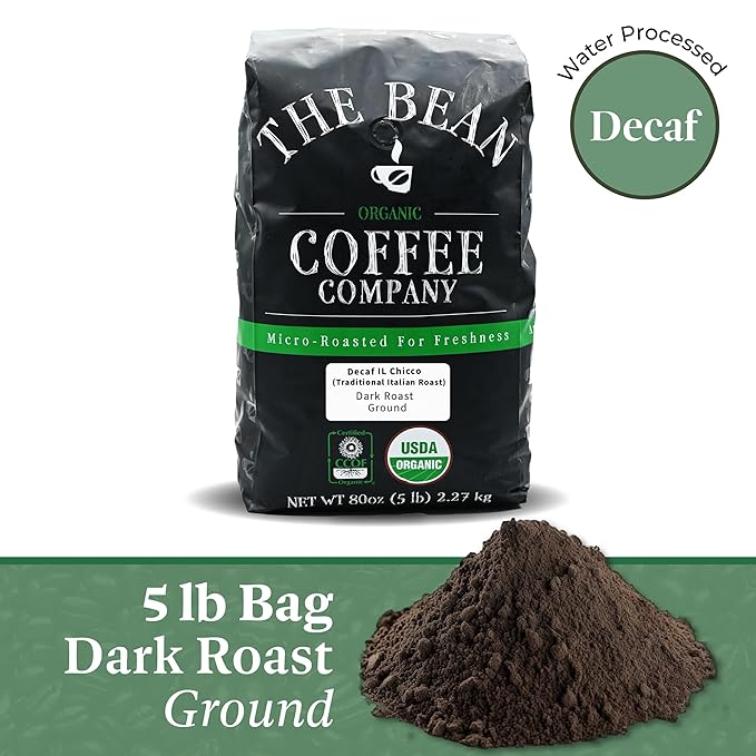 The Bean Organic Coffee Company Water Processed DECAF IL Chicco (Traditional Italian Roast), Dark Roast, Ground Coffee, 5-Pound Bag, Café Molido Tostado Orgánico descafeinado