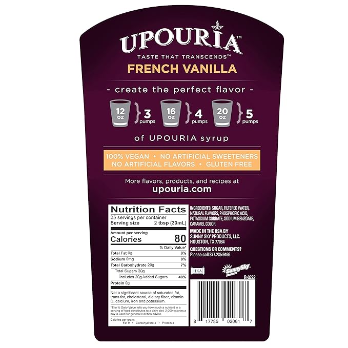 Upouria French Vanilla & Caramel Coffee Syrup Flavoring, 2 of each Flavor, 100% Vegan, Gluten-Free, Kosher, 750 mL Bottles (Pack of 4) with 2 Coffee Syrup Pumps