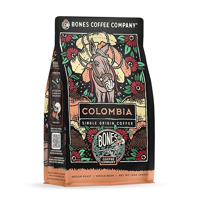 Bones Coffee Company Colombia Single-Origin Coffee, Almonds, Dried Fruit, Vanilla Notes, Flavored Whole Bean Coffee, Medium Roast Low Acid Arabica Beans, 12 oz Whole Bean
