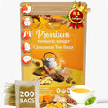 200 Bags Premium Turmeric Ginger Cinnamon Tea, Improve Digestion, Support Brain, Weight, Skin and Sleep, Eco-Conscious Tea Bags and Premium Natural Ingredients. Turmeric Ginger Herbal Tea. No Sugar, No Caffeine, No Gluten, Vegan.
