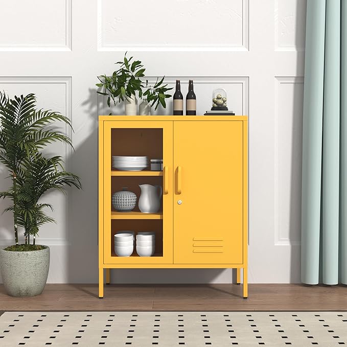Lockable Metal Storage Locker Djustable Shelves Modern Cabinets Versatile Storage Lockers Easy Assembly Durable Metal Furniture Garage Tool Cabinet Yellow Size：33" H X 29.5" W X 13.8" D