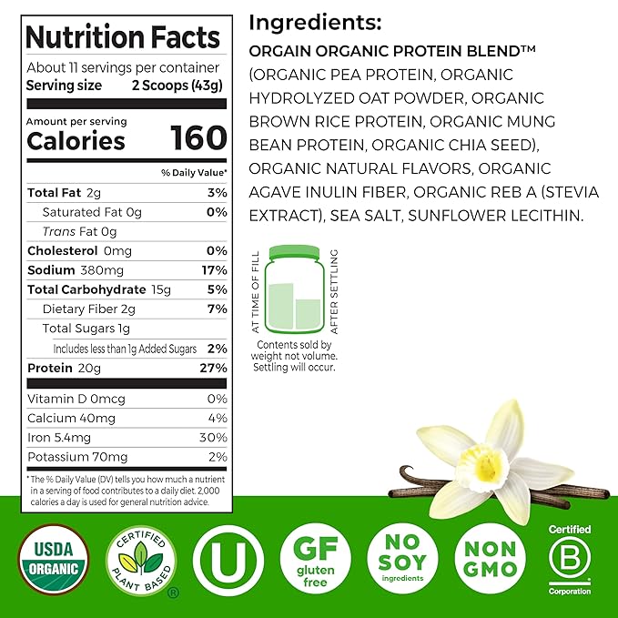 Orgain Organic Vegan Protein Powder + Oat Milk, Vanilla Bean - 20g Plant Based Protein, Gluten Free, No Dairy, Soy or Lactose Ingredients, Low Sugar, Non-GMO, Kosher, For Shakes & Smoothies - 1.05lb