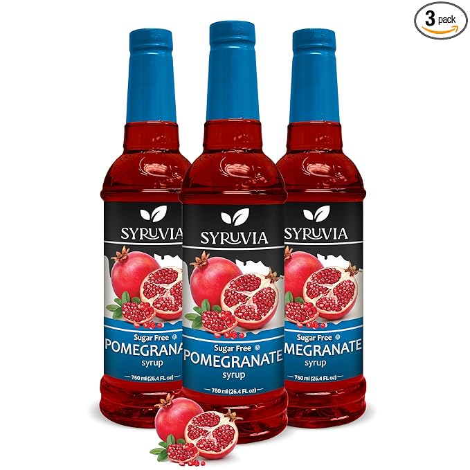 Syruvia Sugar-Free Pomegranate Syrup - 25.4 fl oz. Premium Flavoring Syrup. 0 Calories, Kosher, and Gluten-Free. Ideal for Enhancing Tea, Italian Sodas, Beverages, Desserts, Ice Cream, Cocktails, and Mocktails.