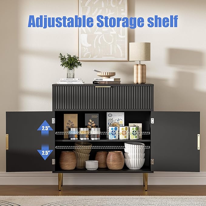 Sideboard Buffet Cabinet with 2 Doors & Drawer, Coffee Bar with Adjustable Shelves, Liquor Cabinet with Storage, Accent Cabinet Console Table for Living Dining Room, Black