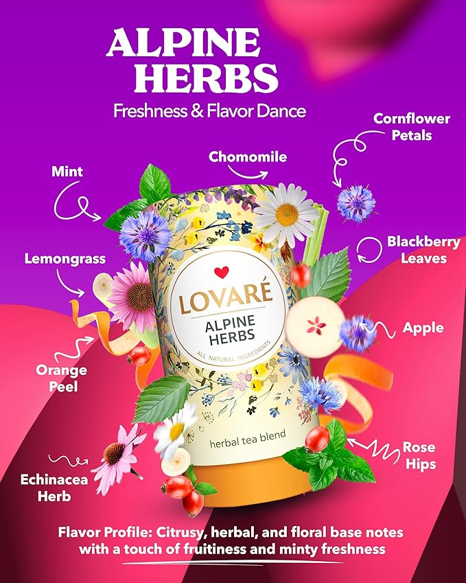 LOVARE Alpine Herbs Loose Leaf Tea 80 g - Made in Ukraine – Herbal tea blend, Lemongrass, Chamomile Flowers, Rose Hips, Orange Peel and Blossom, Blackberry Leaves, and More with 15 Paper Filters
