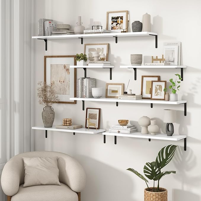 Fun Memories Deep Floating Shelves, 55W x 8D Floating Shelves Set of 2, Wall Mounted Shelf with Metal Brackets, Rustic Wood Wall Shelf for Bathroom, Kitchen and Living Room, White