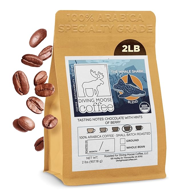 Diving Moose Coffee - The Whale Shark Blend USDA Organic Medium Dark Roast (32oz / 2 LB) - Chocolate Berries Specialty Grade Small-Batch Roasted to Order Smooth Not Bitter
