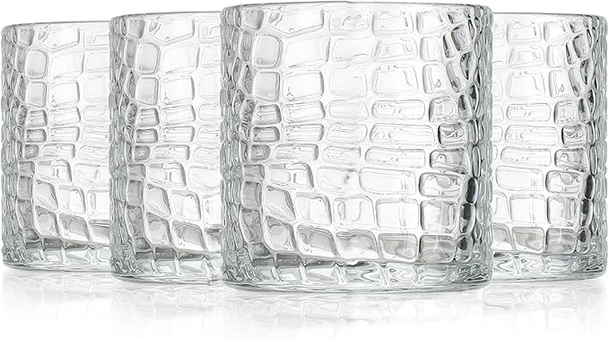 Glaver's DOF Set of 4 Clear 13oz Drinking Glasses Crackle Textured Design Double Old Fashioned Whiskey Glasses Home Everyday Bar Glassware