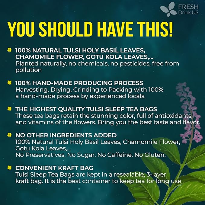 FreshDrinkUS, Tulsi Sleep Tea Bags | 135 Tea Bags | Herbal Blend with Tulsi Holy Basil, Chamomile, Gotu Kola, Ashwagandha & Peppermint | Naturally Caffeine-Free, Relaxing Evening Herbal Tea. Vegan