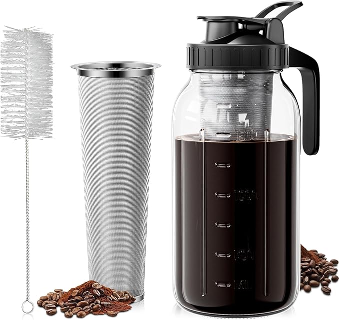 Cold Brew Coffee Maker 64oz, Iced Coffee Maker with 304 Stainless Steel Filter, Mason Jar Pitcher with Lid and Spout (Black)