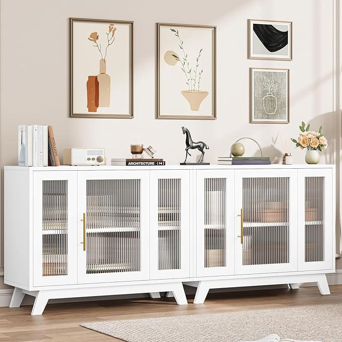 CABIHOME Buffet Cabinet, 36" Sideboard Buffet Storage Cabinet with Adjustable Shelves and Fluted Glass Door, Modern Coffee Bar, Table for Kitchen, Dining Room, White
