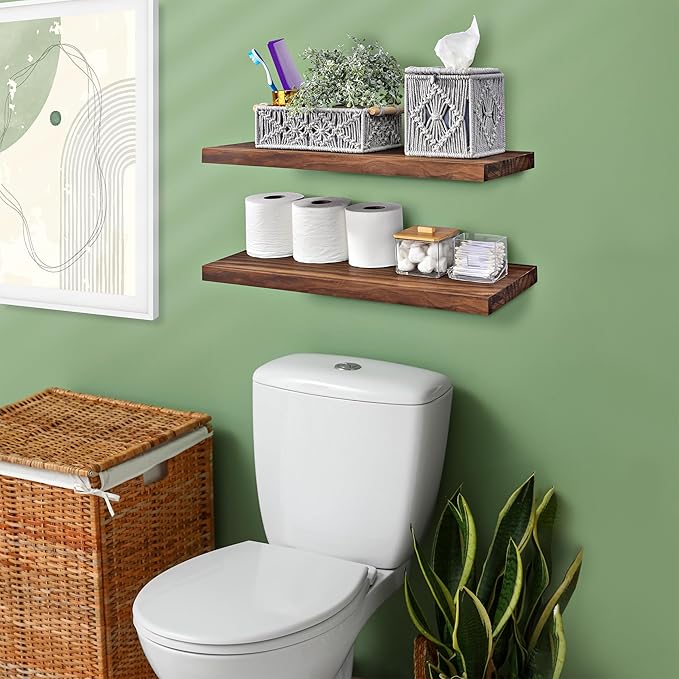 Sorbus 24' Walnut Wood Floating Shelves - Set of 2, Solid Pine, Wall Mounted, Rustic Style, Bathroom & Living Room