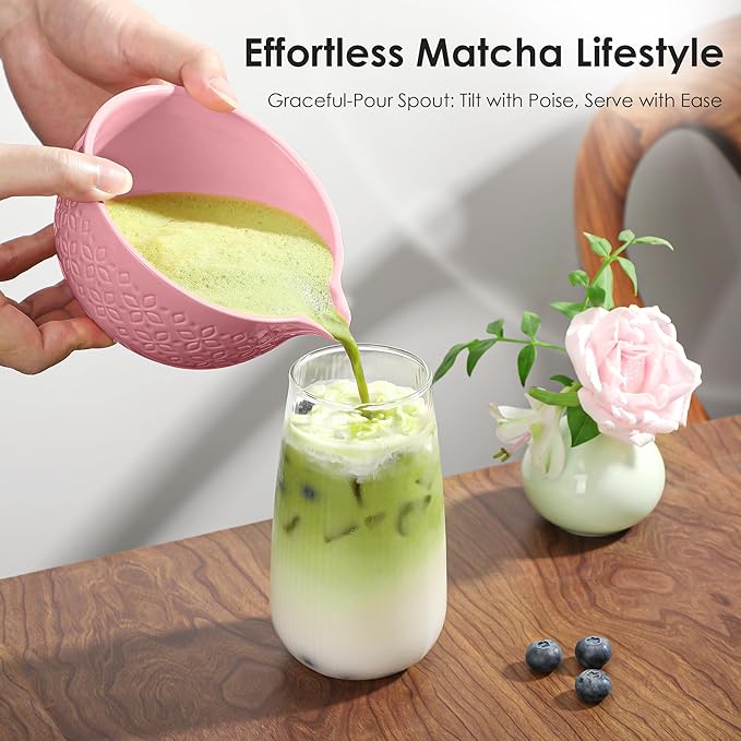 Matcha Whisk Set Matcha Kit - 7 Pcs Japanese Tea Set Includes Matcha Bowl with Spout,Bamboo Whisk with Ceramic Holder,Bamboo Scoop and Rest,Sifter,Tea Towel, for Ceremony Matcha Lovers Gift,Pink