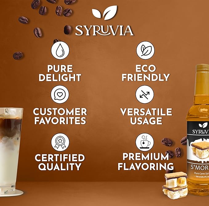 Syruvia Coffee Syrup, S'mores Flavored Syrup for Drinks, Lattes, and Desserts – 25.4 fl oz