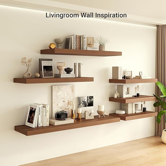 Heimlove 12" Deep Floating Shelves, 36 x 12 Inch Wall Mounted Long Floating Shelf with Invisible Brackets, for Home Decor, Bedroom, Kitchen, Living Room, Bathroom - 1 Pack, Walnut