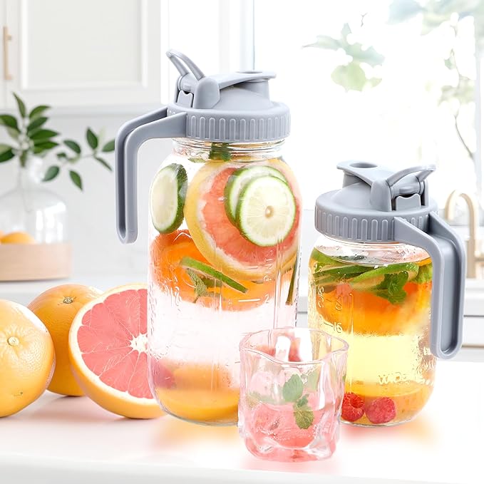 Mason Jar Pitcher Wide Mouth 64 OZ Glass Jars With Pour Spout Lids Airtight Leak-proof 2 Quart Water Pitcher With Handle For Iced Tea, Milk, Sun Tea, Lemonade, Iced Coffee