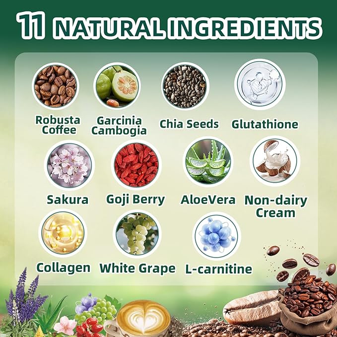 Skiseoy 20x Collagen Chia Coffee - 11-in-1 Coffee Shape Mix with L-Glutathione for Skin, Hair, Joints - Boost Energy and Focus, Vegan Friendly, 45 Servings