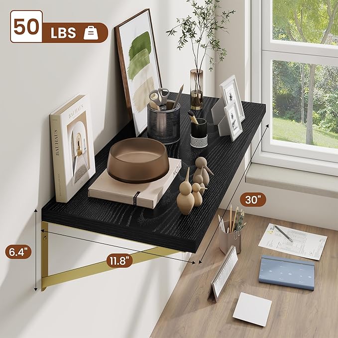 Deep Wall Shelves 30"W x 12"D Engineered Wood Floating Shelves for Wall, Sturdy Metal Bracket(Gold) Bookshelves Home Decor Storage for Living Room Bedroom Bathroom Kitchen, Set of 2, Black Finish