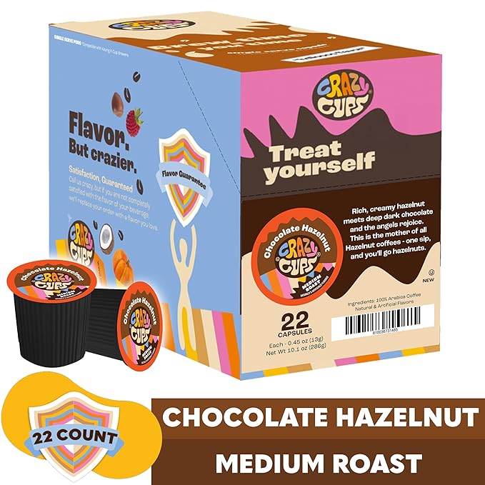 Crazy Cups Flavored Hot or Iced Coffee for Keurig K-Cup Machines, Better Than Hazelnut, Recyclable Pods(Pack of 1, 22 Count Total)