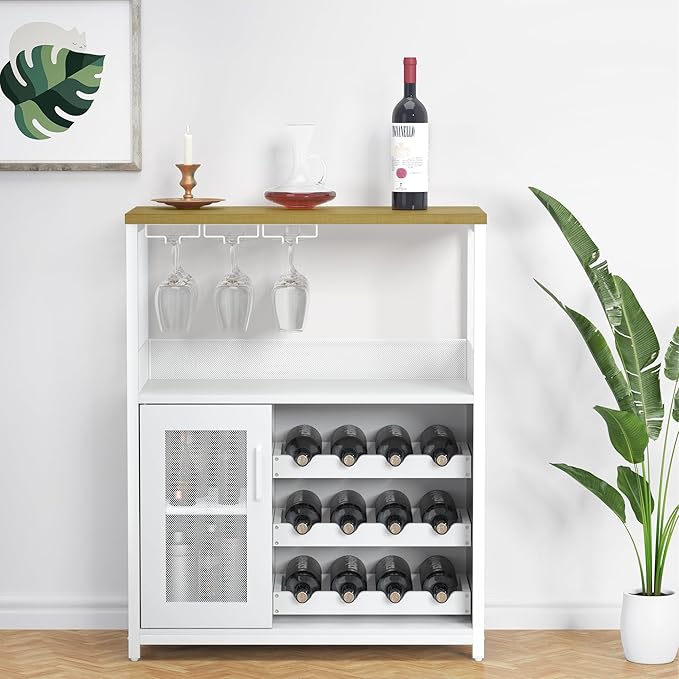 GarveeHome 3-Tier Wine Bar Cabinet with Detachable Wine Rack, Liquor Cabinet with Storage, Coffee Bar Cabinet with Glass Holder & Mesh Door, Sideboard Buffet Bar for Living Room, Dining Room, White