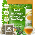 FreshDrinkUS, Premium 30 Tea Bags Tulsi Moringa Lemongrass, 100% Natural & Pure from Tulsi Holy Basil Leaves, Moringa & Lemongrass. Made with Natural Material Tea Bags. No Sugar, No Caffeine, Vegan.
