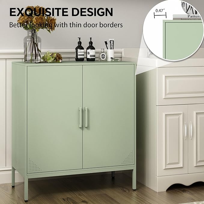 Metal Storage Cabinet with Adjustable Shelves, Steel Buffet Sideboard for Entryway, Living Room, Dining Room, Kitchen, Office, Bar (Green, 31.5" D x 15.75" W x 35.43" H)