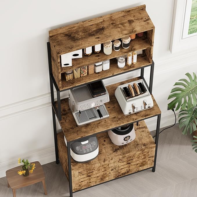 68'' Kitchen Bakers Rack, with Power Outlet, Vintage Wood Media Rack Organizer, Industrial Microwave Stand, with Storage Shelves & Cabinet, Coffee Bar Station for Kitchen Storage