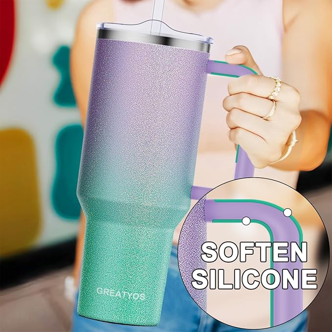40 oz Tumbler with Handle and Straw Lid Insulated Tumblers Cups with Lids Straws Double Wall Vacuum Leak Proof Stainless Steel 40oz Tumbler Travel Mug Gifts for Men Women Him Her (Glitter)