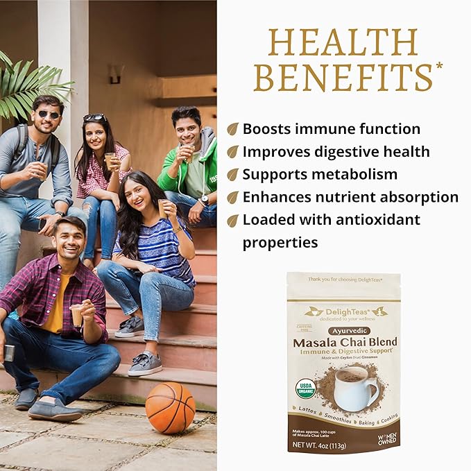 DelighTeas Organic Masala Chai Powder | Caffeine free, Unsweetened, Vegan, Keto | Ayurvedic Digestive Support blend for Chai Spice Tea | 100 Servings, 4oz