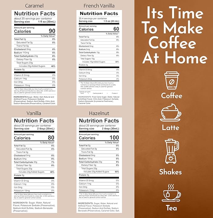 Syruvia Syrup Coffee Flavors Variety Pack: Caramel, French Vanilla, Vanilla & Hazelnut - 25.4 fl oz bottles - Elevate Your Coffee Experience! (Pack of 4)