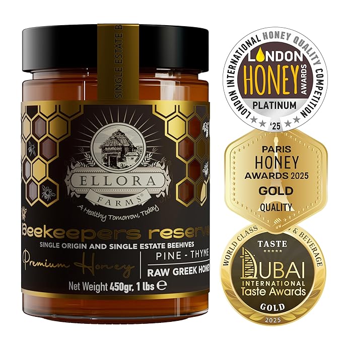 Ellora Farms Greek Honey Single Estate PDO, Pine & Thyme Honey Unfiltered, Beautiful Gift Pack with Dipper, Beekeepers Reserve, Raw & Unfiltered, Gluten Free - 450g (16oz)