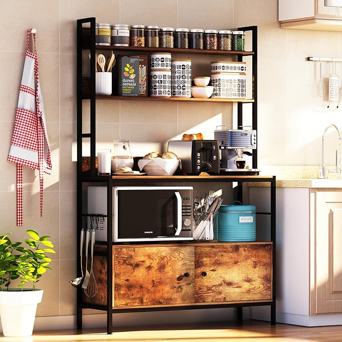 5-Tier Kitchen Bakers Rack with Storage,Industrial Microwave Oven Stand, Utility Storage Shelf,Free Standing Kitchen Utility Cart Storage Shelf Organizer with Hooks
