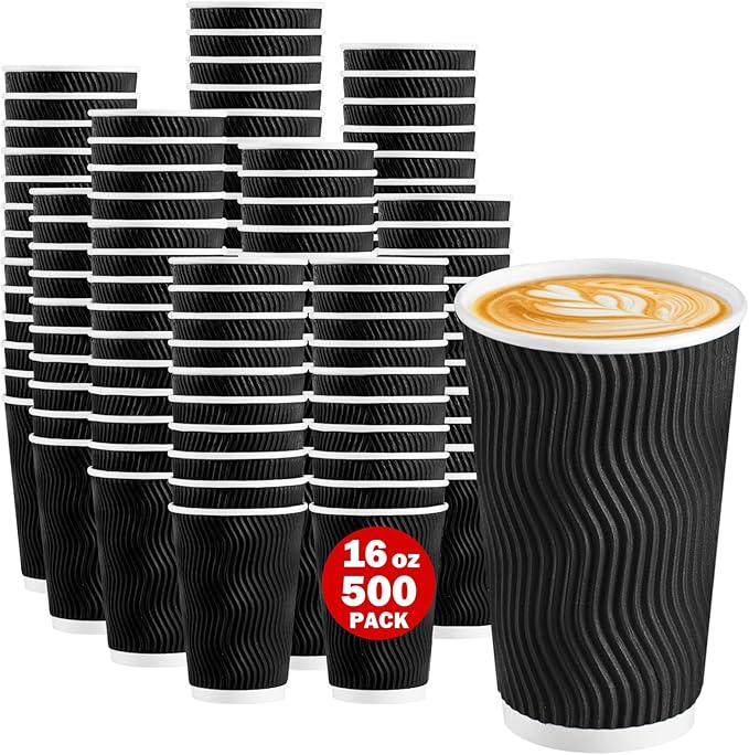Lamosi Disposable Coffee Cups 16 OZ 500 Pack, Paper Coffee Cups 16 OZ for Hot Drinks or Cold Beverages, Insulated Corrugated Ripple Wall Cup No Lids for Office, Cafe, Home or Travel (Black)