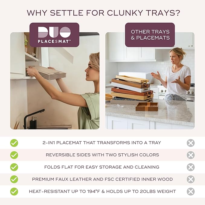 PLACEsMAT 2-in-1 Faux Leather Placemat & Serving Tray | Reversible Design, Lays Flat & Easy to Clean | Ottoman Food Tray, Perfect Housewarming Gift, 18” x 14” (Champagne & Bronze, Set of 4)