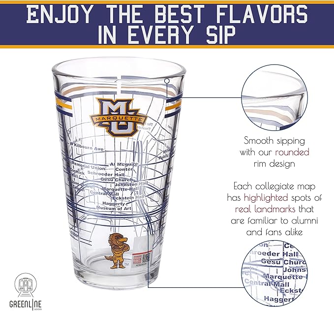 Greenline Goods – University of Marquette Golden Eagles College Pint Beer Glasses (Set of 2), 16 oz – Full-Color Logo + Campus Map